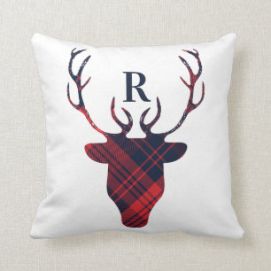 Coussin Rouge et Noël de monogramme de tête de renne de