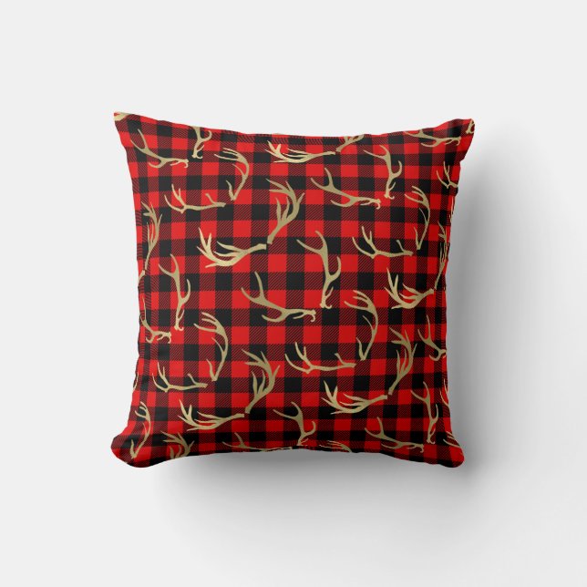 Coussin Rouge et noir Buffalo Plaid & Gold Deer Antlers (Recto)
