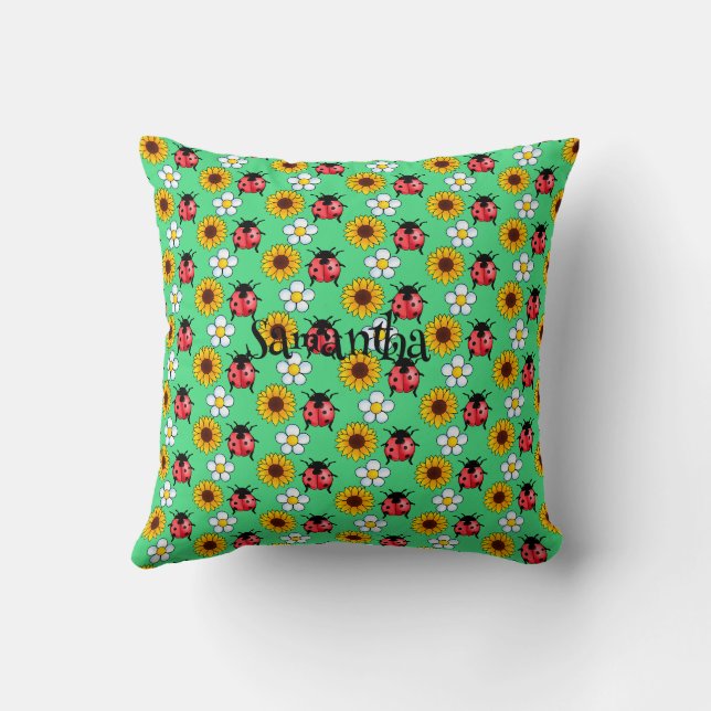 Coussin Rouge Et Noir Ladybug Avec Fleurs (Verso)