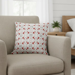 Coussin Rouge et Noir Rétro Cœurs Amour Dessinés à la Main