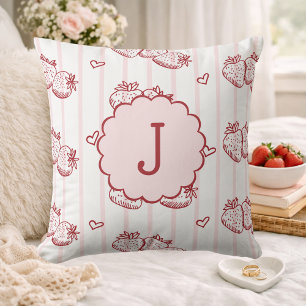 Coussin Rouge et Rose Cottagecore Monogramme Fraise