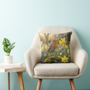 Coussin Rouge-gorge chantant dans un Jonquille