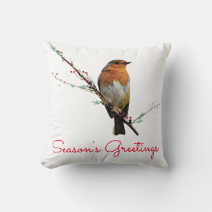 Coussin Rouge-gorge de Noël sur branche d'arbre