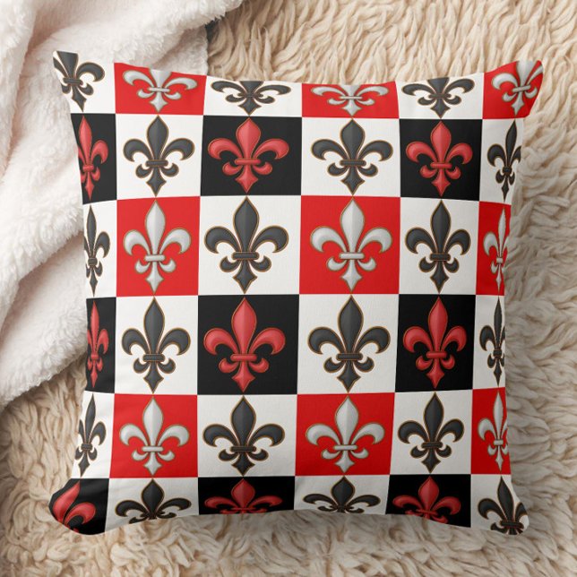 Coussin Rouge Noir Blanc À damiers Fleur de lis Design (Créateur téléchargé)