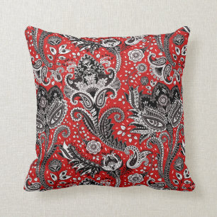 Coussin Rouge Noir & Blanc Floral Paisley Bohème Boho