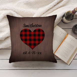 Coussin Rouge Noir Buffalo Plaid Rustique Bois Coeur Famil