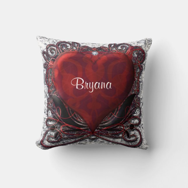 Coussin Rouge Noir Coeur d'argent Valentine Amour (Recto)