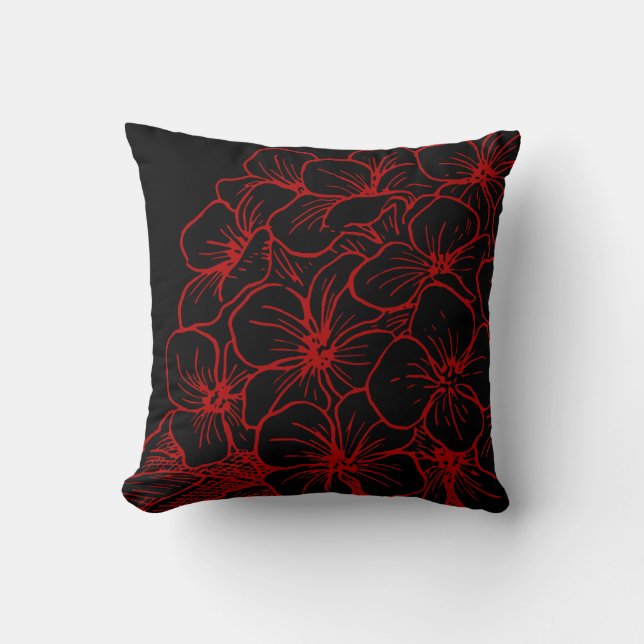 Coussin Rouge & Noir Moderne Hydrangea Design Floral (Recto)