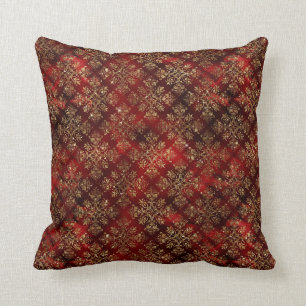 Coussin Rouge or Bourgogne Métallurgique Damas Élégant 