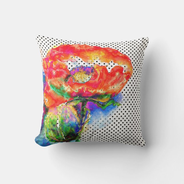 Coussin Rouge Populaire floral aquarelle polka accent poin (Recto)