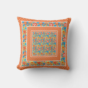 Coussin Rouge rétro, Orange, Floral jaune sur Bleu, Polkas