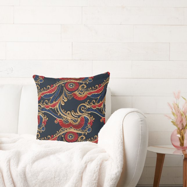 Coussin Rouge riche, Marine, Or Flore Scroll (Canapé)