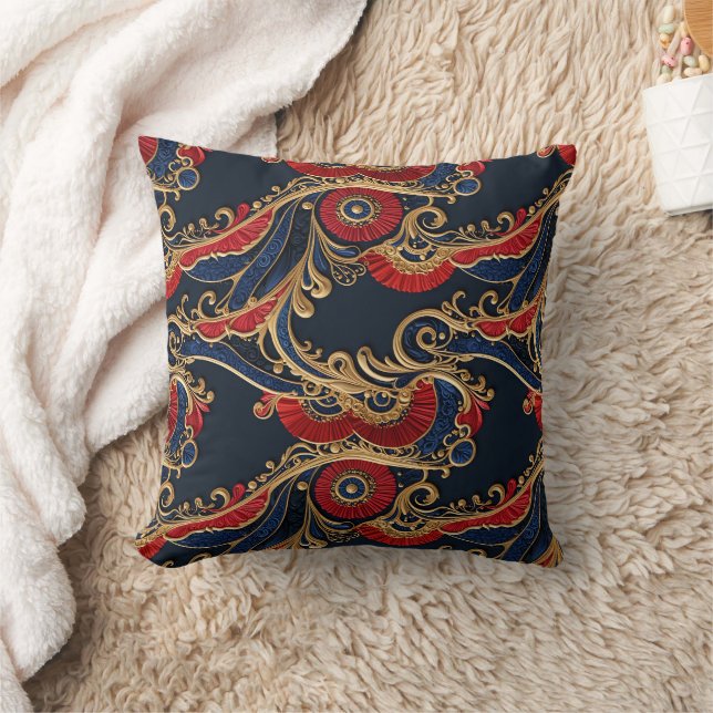 Coussin Rouge riche, Marine, Or Flore Scroll (Couverture)