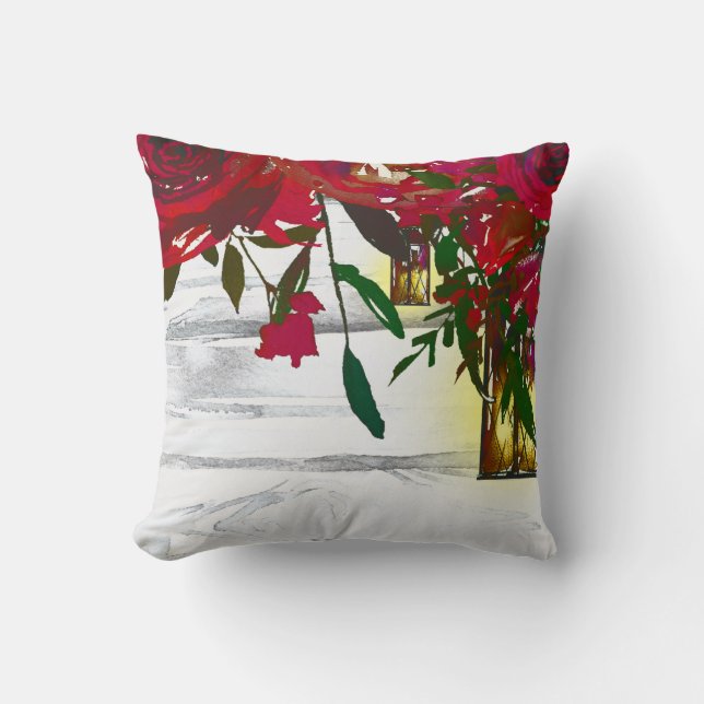 Coussin Rouge romantique Aquarelle Rose & Lanterne Rustiqu (Recto)