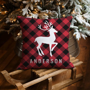 Coussin Rouge Rustique Plaid Noir Cerf Noël Monogramme