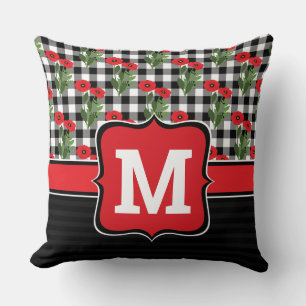 Coussin Rouge Shabby Chic, Coquelicots Monogramme Noir & B