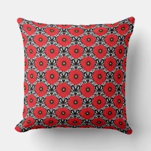 Coussin Rouge Shabby Chic, motif Poppy noir et blanc
