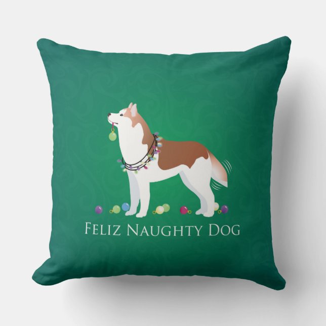 Coussin Rouge Sibérien Husky Feliz Naughty Chien Noël (Recto)