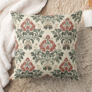 Coussin Rouge Vert Beige Damassé Antique