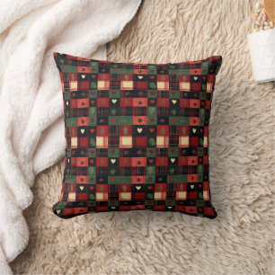 Coussin Rouge Vert Carreaux Cœurs Noël Fêtes