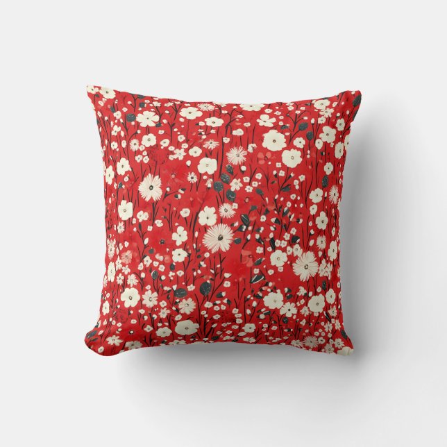 Coussin rouge vif aux fleurs blanches et roses (Recto)