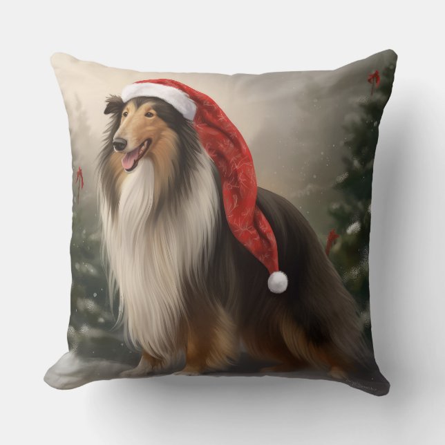 Coussin Rough Collie Chien dans la neige Noël (Recto)