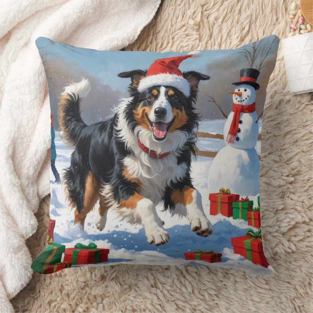 Coussin Rough Collie Courir dans la neige avec le Casquett (Couverture)