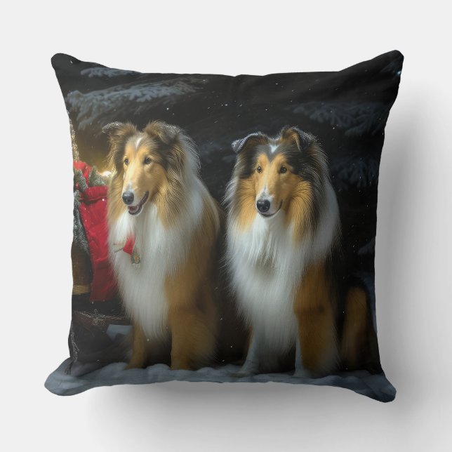 Coussin Rough Collie Snowy Sleigh Décor de Noël (Recto)