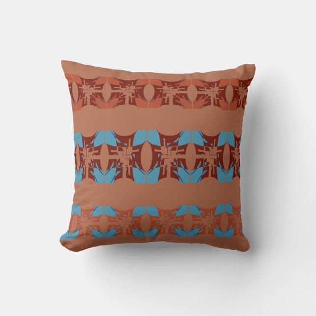 Coussin Rouille Burgundy Bleu sur Tan Motif Mosaïque à 3 n (Recto)