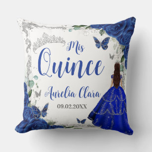 Coussin Royal Blue Floral Princess Silver XV Quinceañera