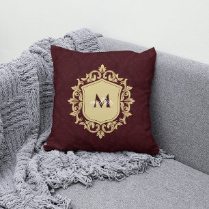 Coussin Royal Damask Ornate Crest Monogramme Nom de famill