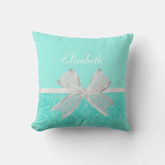 Coussin Ruban blanc d'Aqua de damassé Girly de turquoise (Recto)