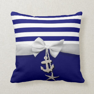 Coussin Ruban blanc nautique et charmes de rayure bleue