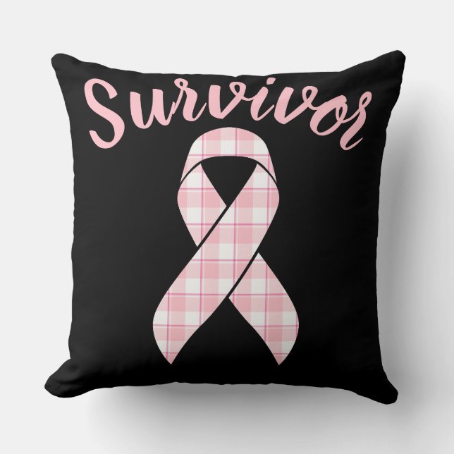 Coussin Ruban rose à carreaux pour la sensibilisation au c (Recto)