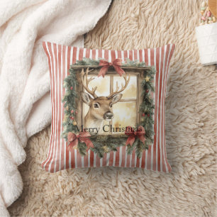 Coussin Rubans Rouges Cerf de Noël à la Fenêtre