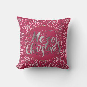 Coussin Ruby Red Silver Joyeux Noël White Snowflakes