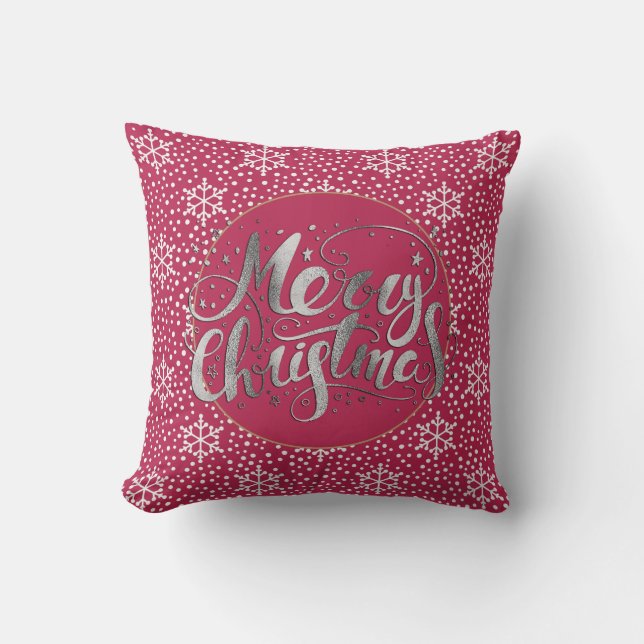 Coussin Ruby Red Silver Joyeux Noël White Snowflakes (Recto)