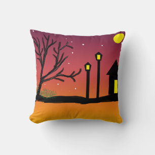 Coussin Rue Sunset d'hiver avec neige et silhouettes