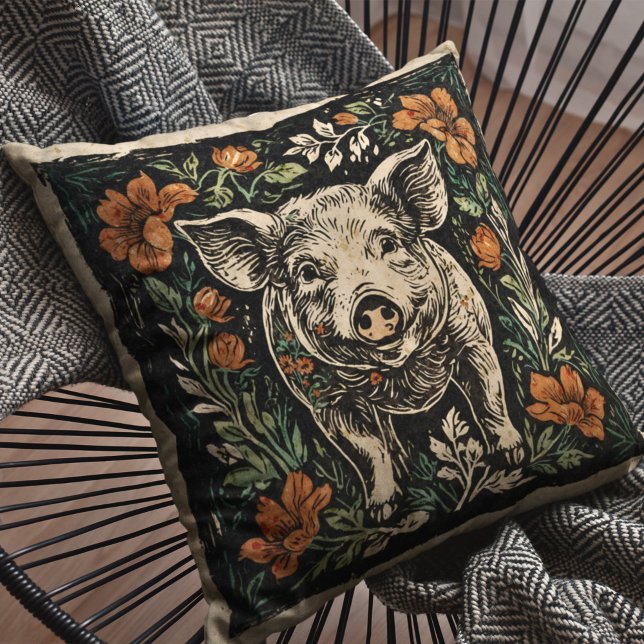 Coussin Russe Art Nouveau Ferme Cochon Accent Floral (Créateur téléchargé)