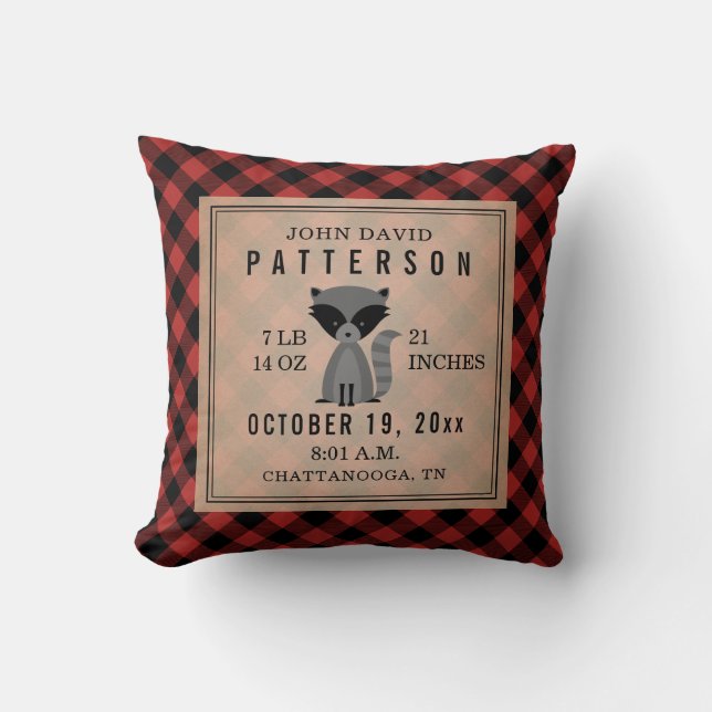 Coussin Russe Buffalo Plaid Raccoon Baby Boy Stats de nais (Recto)