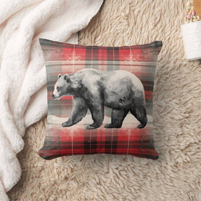 Coussin Russe Cabine Lodge Bear sur Red Plaid (Couverture)