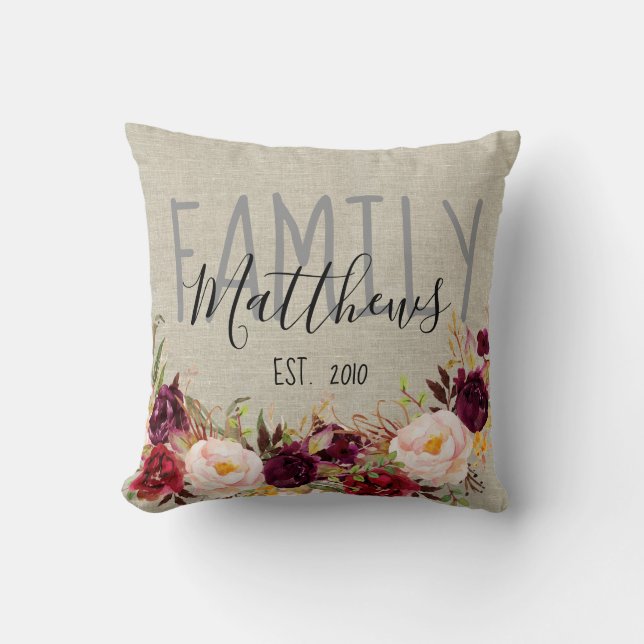 Coussin Russe Linen Bourgogne Nom de famille Floral Gardie (Recto)