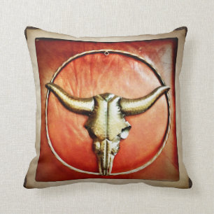 Coussin Rustic Country Bull Horns Faux Design en cuir