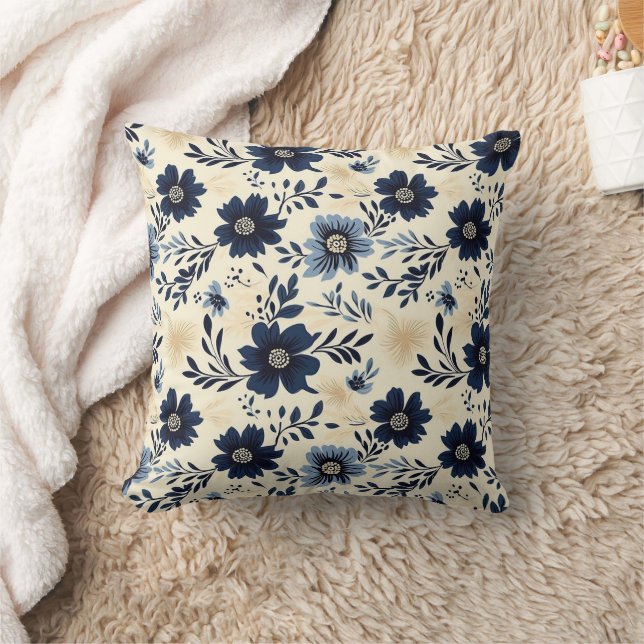 Coussin Rustic Dark Blue Beige Flower Folk Art Print (Couverture)