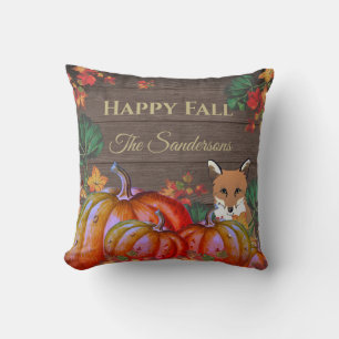 Coussin Rustic Happy Fall Orange Citrouille Fall Fox Wood 
