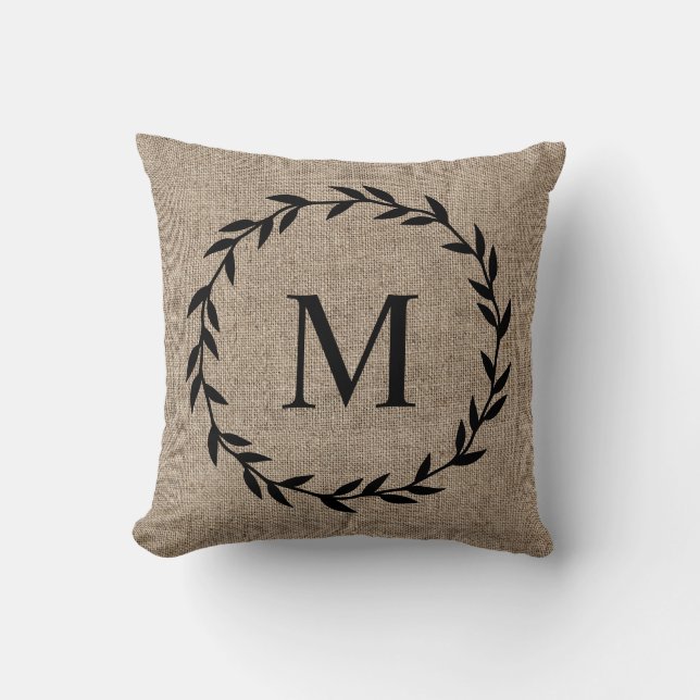 Coussin Rustic Laurel Wreath Farmhouse Style Monogramme (Recto)