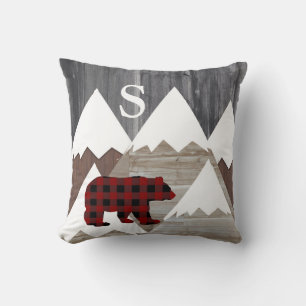 Coussin Rustic Snowy Mountains Buffalo Check Bear Monogram