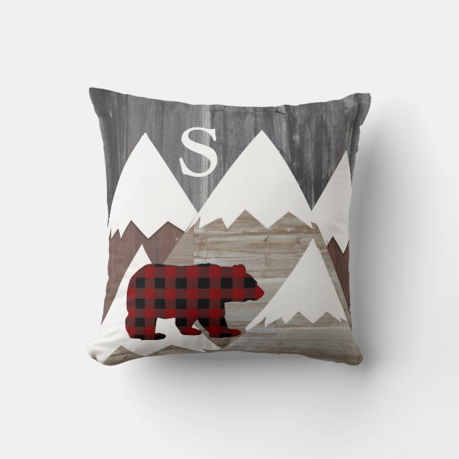 Coussin Rustic Snowy Mountains Buffalo Check Bear Monogram (Recto)