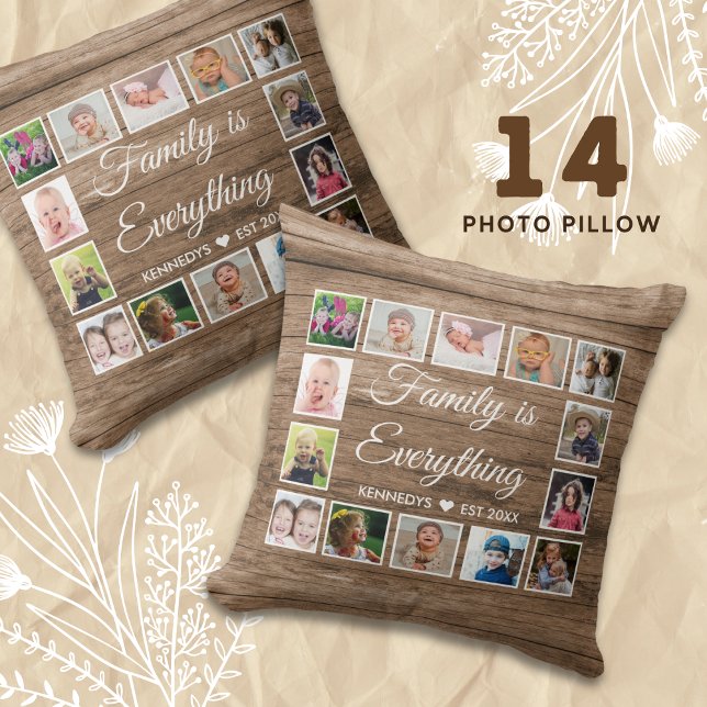 Coussin Rustic Wood 14 Photo Collage Famille Citation (14 photo collage pillow)