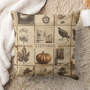 Coussin Rustique Automne Ephemera Collage Terre chaude (